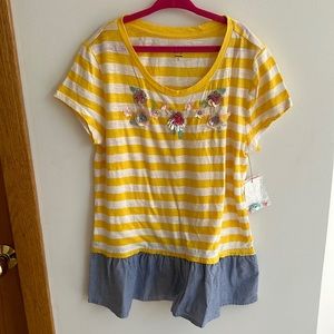 Girls stripe knit top with woven ruffle size Large.